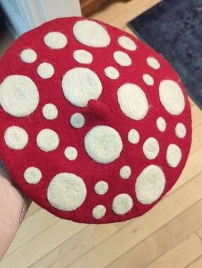 Kids Mushroom Red Felt Beret with Cream Polka Dots